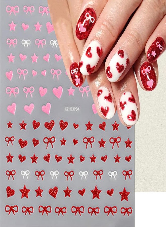 KTAABTR 6 Sheets Red Pink Glitter Hearts Nail Art Stickers 3D Self-Adhesive Valentine's Day Heart Bow Nail Stickers Stripe Star Design Nail Decals for Women Manicure Supplies Valentines Nail Decoration - Image 4